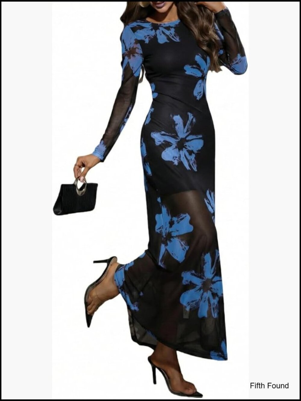 Long Sleeve Floral Bodycon Maxi Dress Mesh Ruched Cocktail Formal